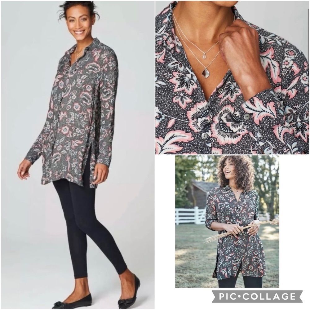 J. Jill Women's MEDIUM Marvelflor Tunic Shirt Long Sleeve Button-Up Casual